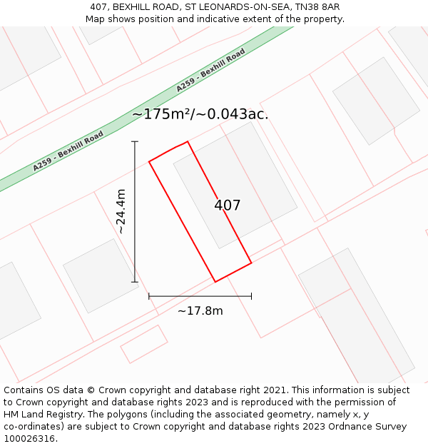 407, BEXHILL ROAD, ST LEONARDS-ON-SEA, TN38 8AR: Plot and title map