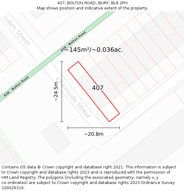 407, BOLTON ROAD, BURY, BL8 2PH: Plot and title map