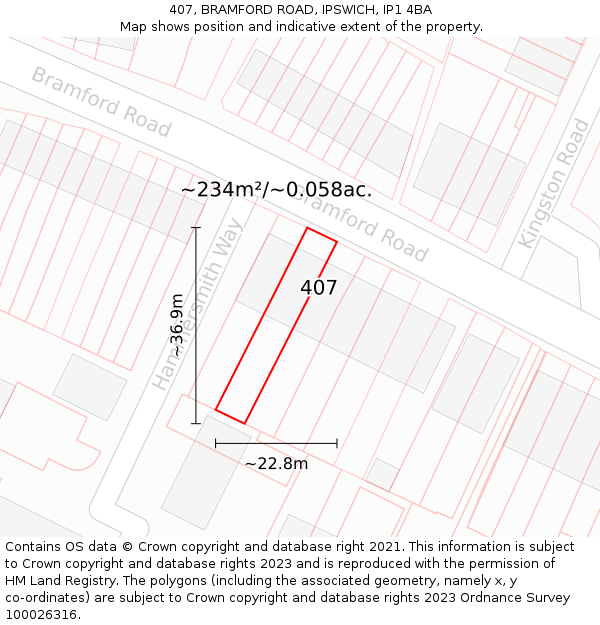 407, BRAMFORD ROAD, IPSWICH, IP1 4BA: Plot and title map