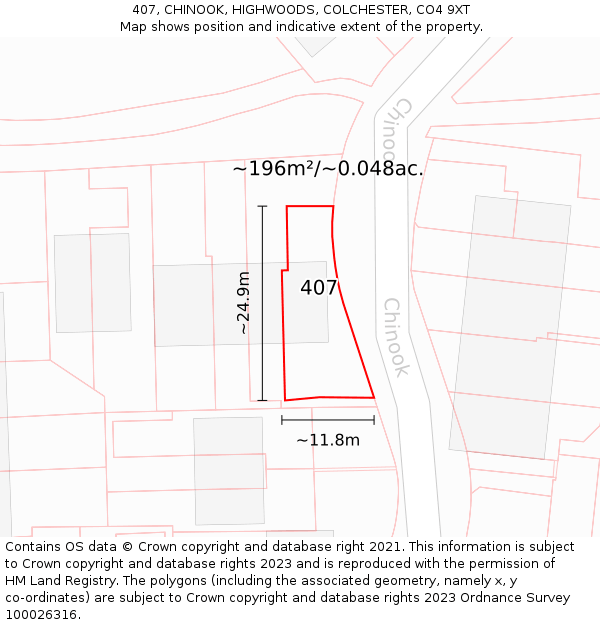 407, CHINOOK, HIGHWOODS, COLCHESTER, CO4 9XT: Plot and title map