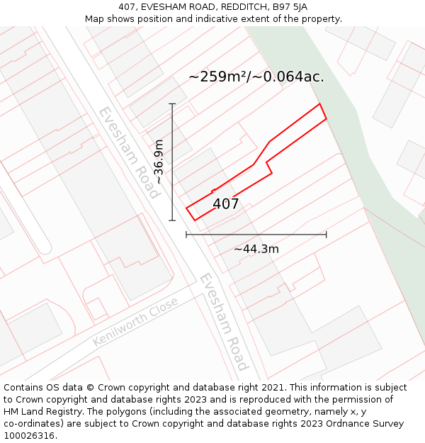 407, EVESHAM ROAD, REDDITCH, B97 5JA: Plot and title map