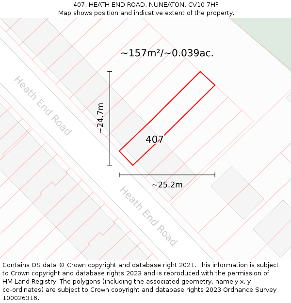 407, HEATH END ROAD, NUNEATON, CV10 7HF: Plot and title map