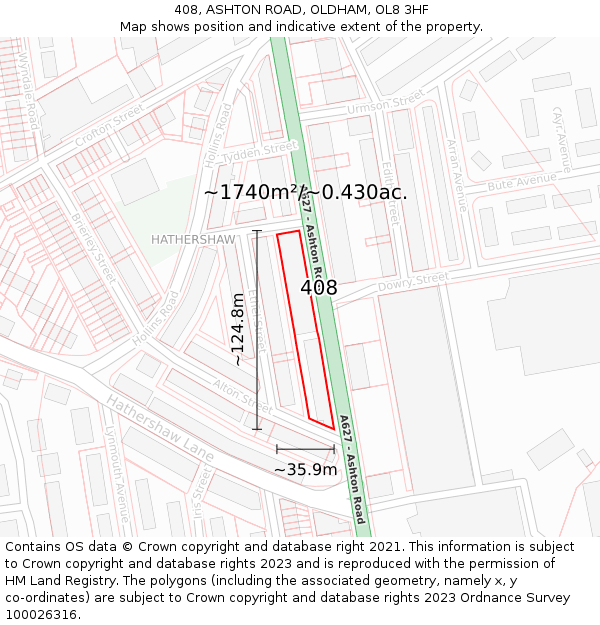 408, ASHTON ROAD, OLDHAM, OL8 3HF: Plot and title map