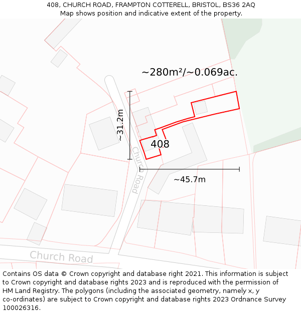 408, CHURCH ROAD, FRAMPTON COTTERELL, BRISTOL, BS36 2AQ: Plot and title map