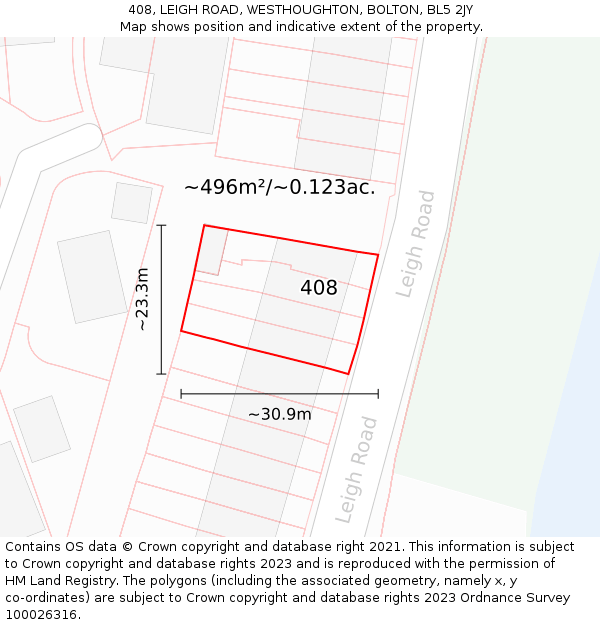 408, LEIGH ROAD, WESTHOUGHTON, BOLTON, BL5 2JY: Plot and title map