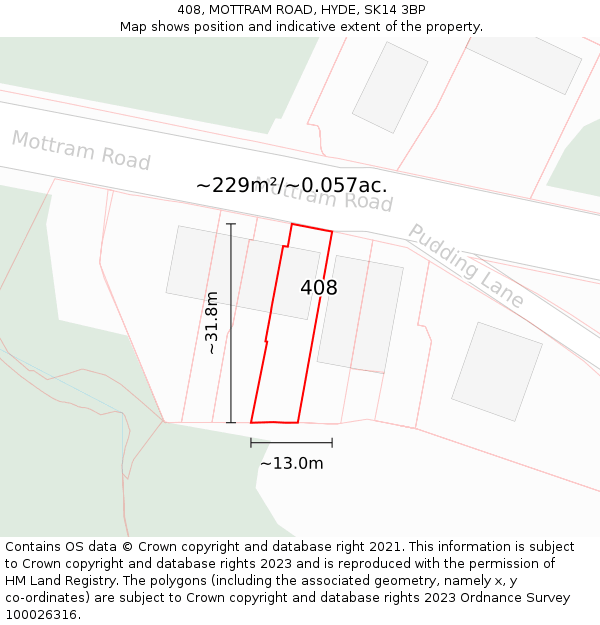 408, MOTTRAM ROAD, HYDE, SK14 3BP: Plot and title map