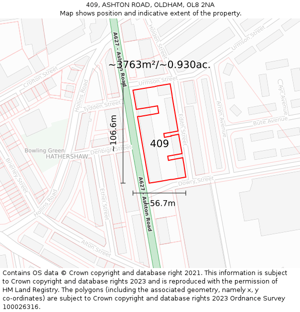 409, ASHTON ROAD, OLDHAM, OL8 2NA: Plot and title map