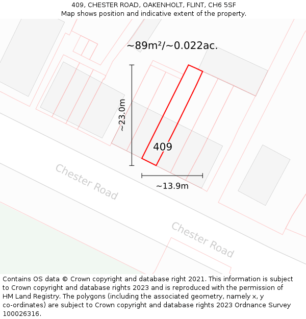 409, CHESTER ROAD, OAKENHOLT, FLINT, CH6 5SF: Plot and title map