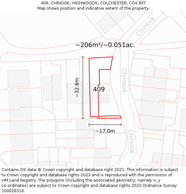 409, CHINOOK, HIGHWOODS, COLCHESTER, CO4 9XT: Plot and title map