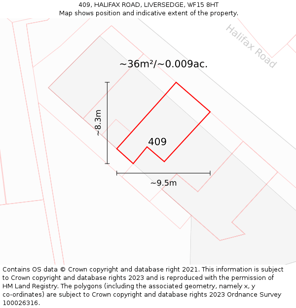 409, HALIFAX ROAD, LIVERSEDGE, WF15 8HT: Plot and title map
