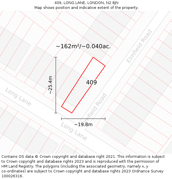 409, LONG LANE, LONDON, N2 8JN: Plot and title map