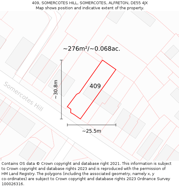 409, SOMERCOTES HILL, SOMERCOTES, ALFRETON, DE55 4JX: Plot and title map