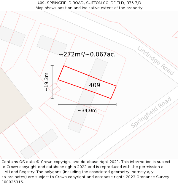 409, SPRINGFIELD ROAD, SUTTON COLDFIELD, B75 7JD: Plot and title map