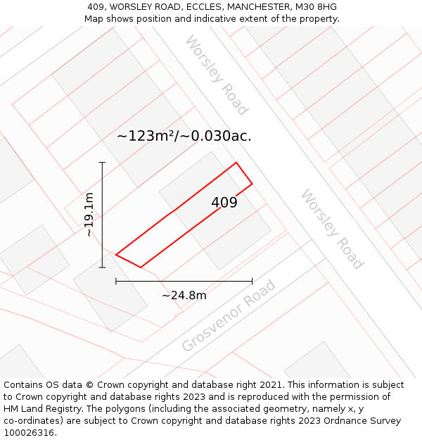 409, WORSLEY ROAD, ECCLES, MANCHESTER, M30 8HG: Plot and title map