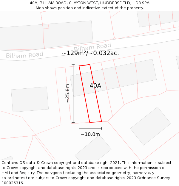 40A, BILHAM ROAD, CLAYTON WEST, HUDDERSFIELD, HD8 9PA: Plot and title map