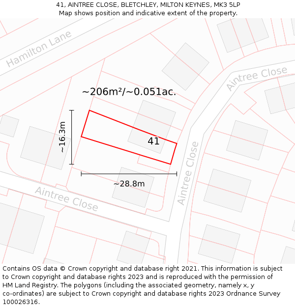 41, AINTREE CLOSE, BLETCHLEY, MILTON KEYNES, MK3 5LP: Plot and title map