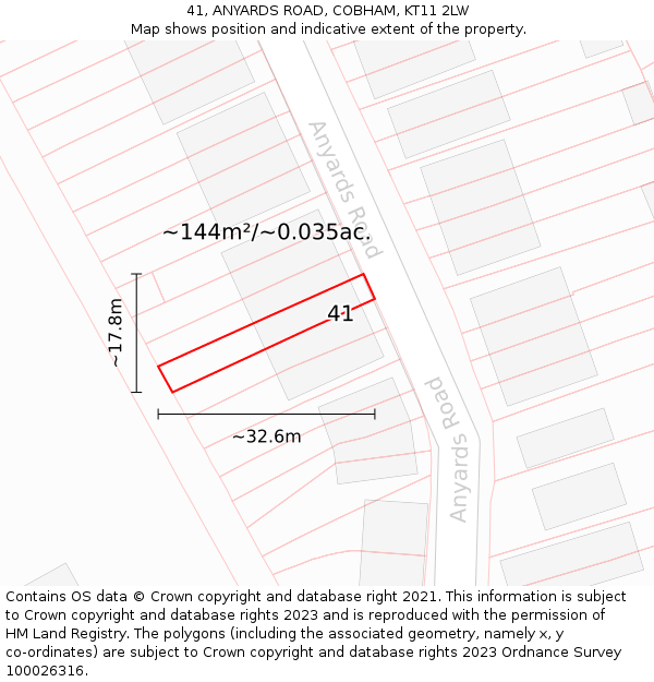 41, ANYARDS ROAD, COBHAM, KT11 2LW: Plot and title map
