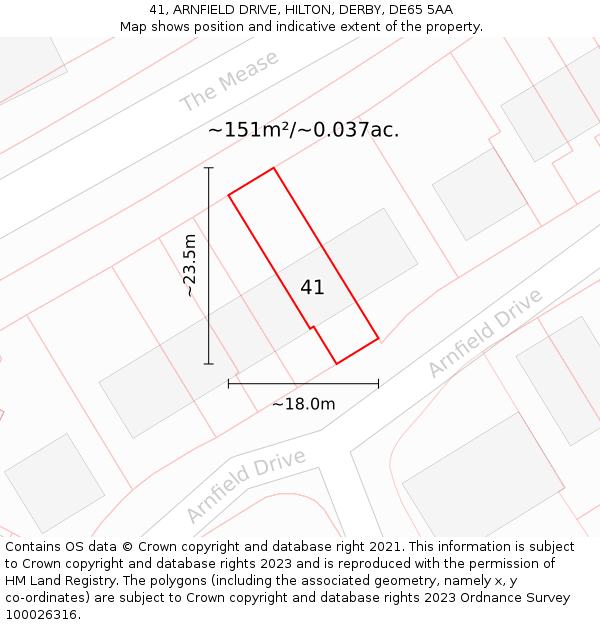 41, ARNFIELD DRIVE, HILTON, DERBY, DE65 5AA: Plot and title map