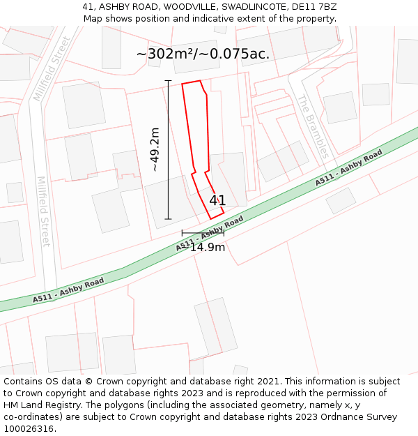 41, ASHBY ROAD, WOODVILLE, SWADLINCOTE, DE11 7BZ: Plot and title map