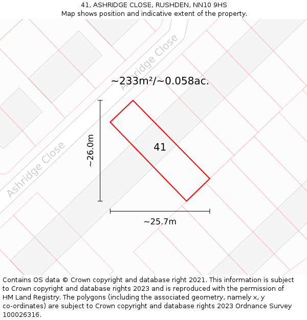 41, ASHRIDGE CLOSE, RUSHDEN, NN10 9HS: Plot and title map