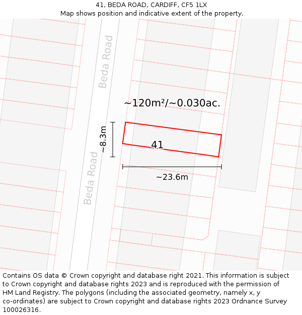 41, BEDA ROAD, CARDIFF, CF5 1LX: Plot and title map
