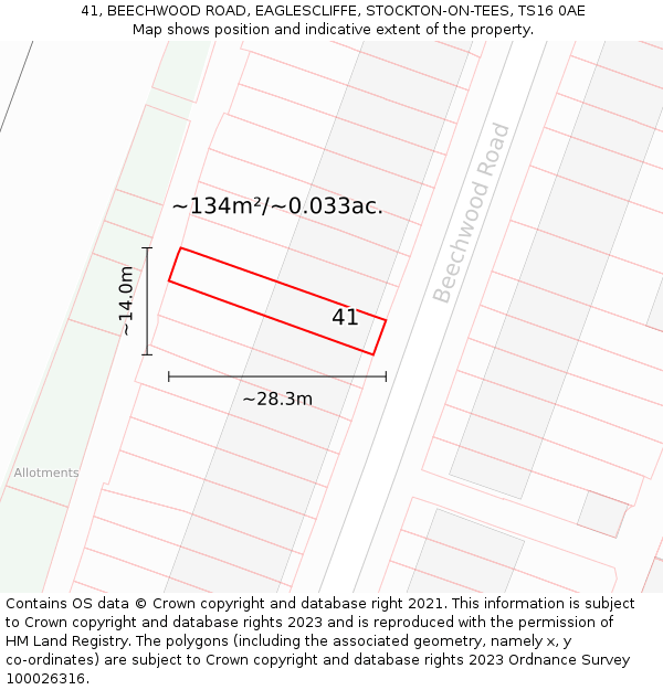 41, BEECHWOOD ROAD, EAGLESCLIFFE, STOCKTON-ON-TEES, TS16 0AE: Plot and title map