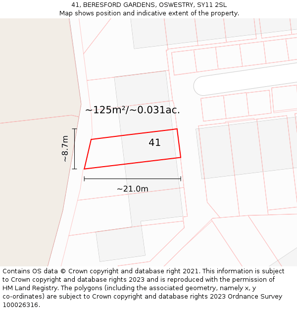 41, BERESFORD GARDENS, OSWESTRY, SY11 2SL: Plot and title map