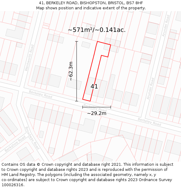 41, BERKELEY ROAD, BISHOPSTON, BRISTOL, BS7 8HF: Plot and title map