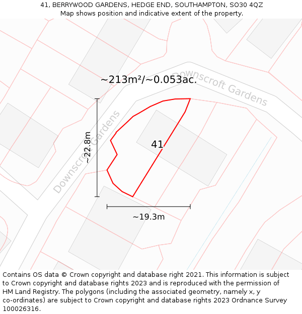 41, BERRYWOOD GARDENS, HEDGE END, SOUTHAMPTON, SO30 4QZ: Plot and title map