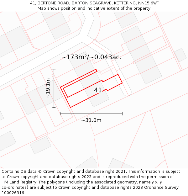 41, BERTONE ROAD, BARTON SEAGRAVE, KETTERING, NN15 6WF: Plot and title map