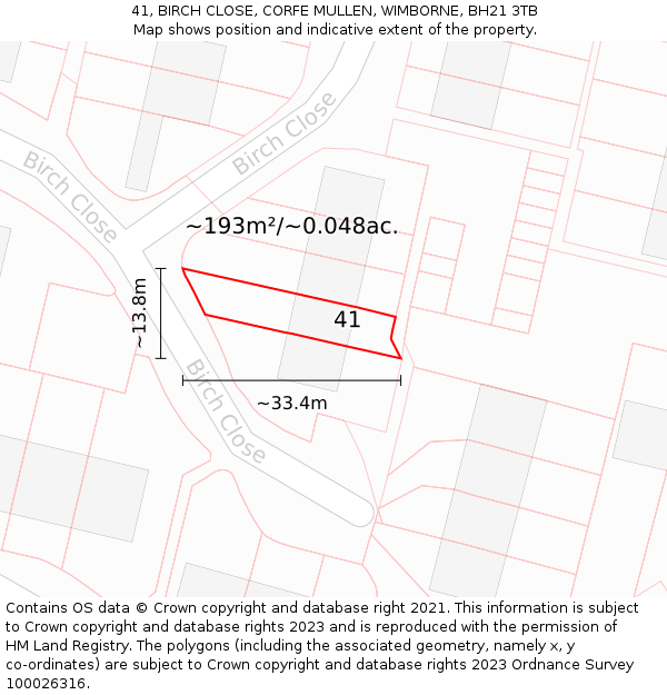 41, BIRCH CLOSE, CORFE MULLEN, WIMBORNE, BH21 3TB: Plot and title map