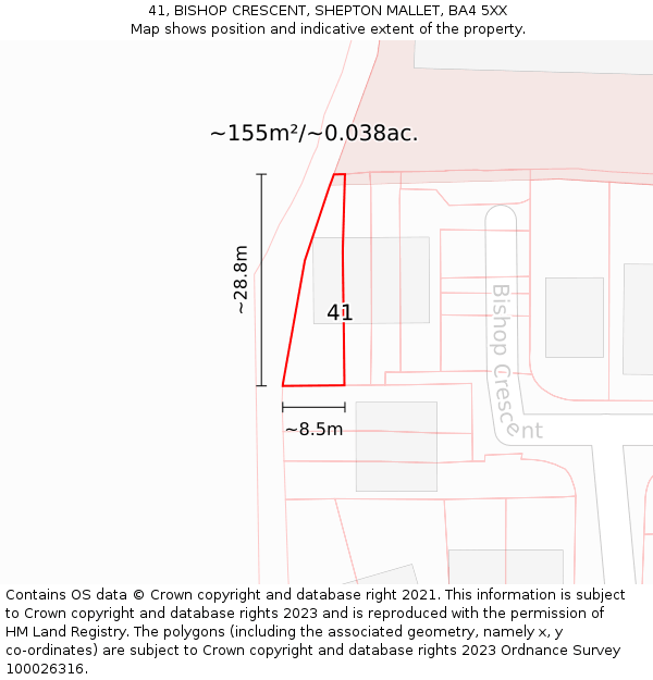 41, BISHOP CRESCENT, SHEPTON MALLET, BA4 5XX: Plot and title map