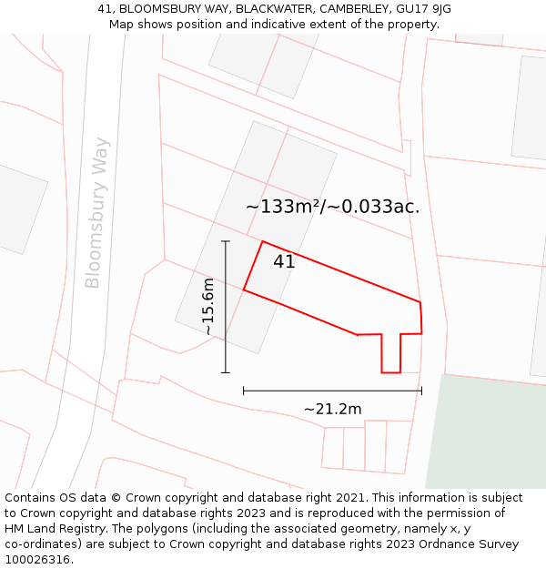 41, BLOOMSBURY WAY, BLACKWATER, CAMBERLEY, GU17 9JG: Plot and title map