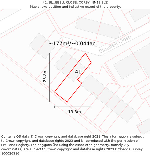 41, BLUEBELL CLOSE, CORBY, NN18 8LZ: Plot and title map