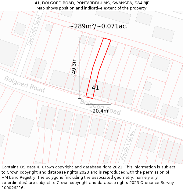 41, BOLGOED ROAD, PONTARDDULAIS, SWANSEA, SA4 8JF: Plot and title map
