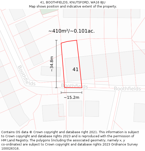 41, BOOTHFIELDS, KNUTSFORD, WA16 8JU: Plot and title map