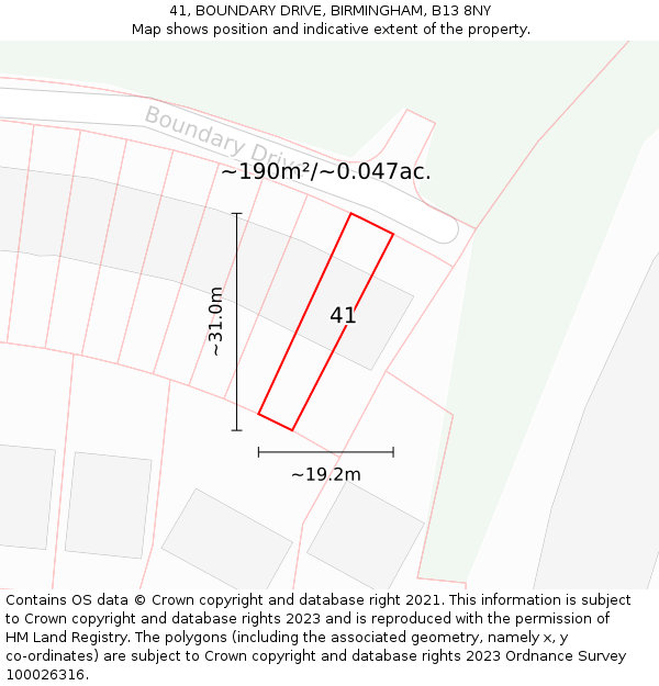41, BOUNDARY DRIVE, BIRMINGHAM, B13 8NY: Plot and title map