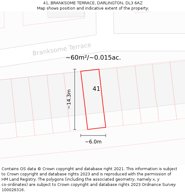 41, BRANKSOME TERRACE, DARLINGTON, DL3 6AZ: Plot and title map
