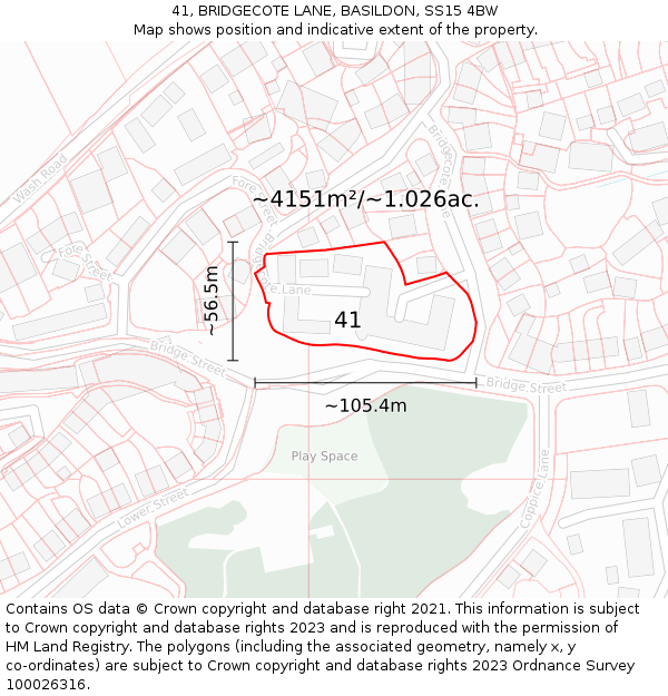 41, BRIDGECOTE LANE, BASILDON, SS15 4BW: Plot and title map
