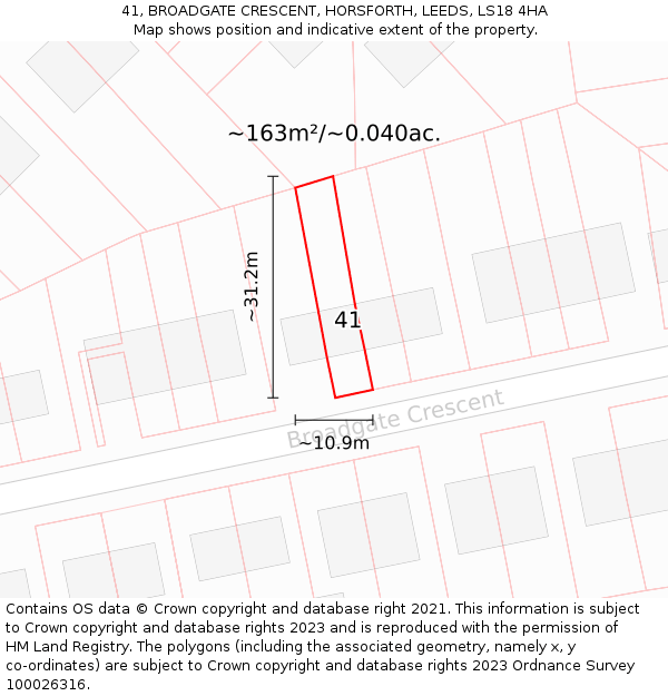 41, BROADGATE CRESCENT, HORSFORTH, LEEDS, LS18 4HA: Plot and title map