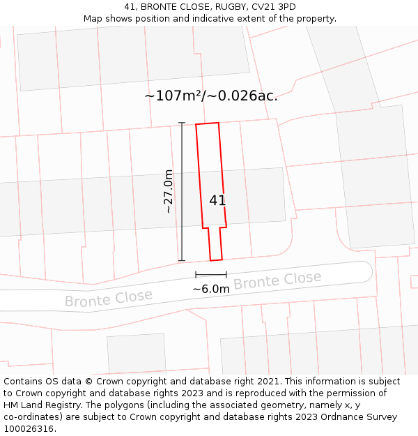 41, BRONTE CLOSE, RUGBY, CV21 3PD: Plot and title map