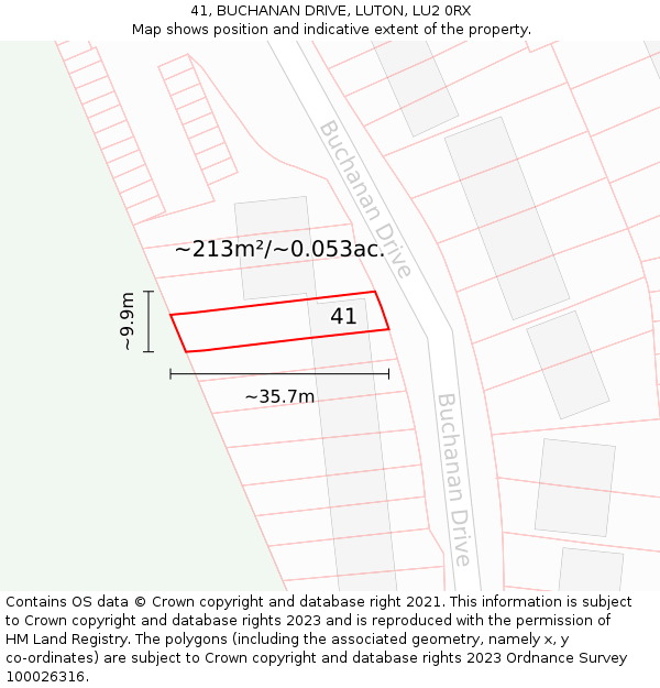 41, BUCHANAN DRIVE, LUTON, LU2 0RX: Plot and title map