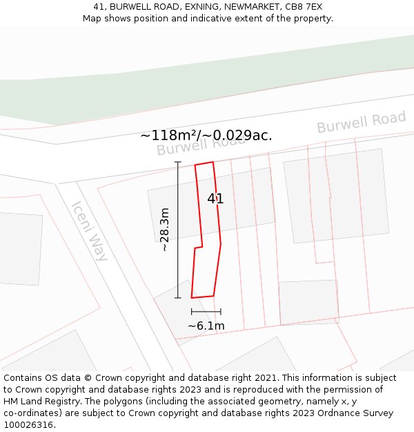41, BURWELL ROAD, EXNING, NEWMARKET, CB8 7EX: Plot and title map