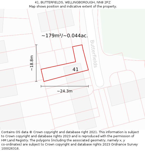 41, BUTTERFIELDS, WELLINGBOROUGH, NN8 2PZ: Plot and title map