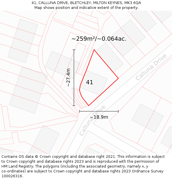 41, CALLUNA DRIVE, BLETCHLEY, MILTON KEYNES, MK3 6QA: Plot and title map