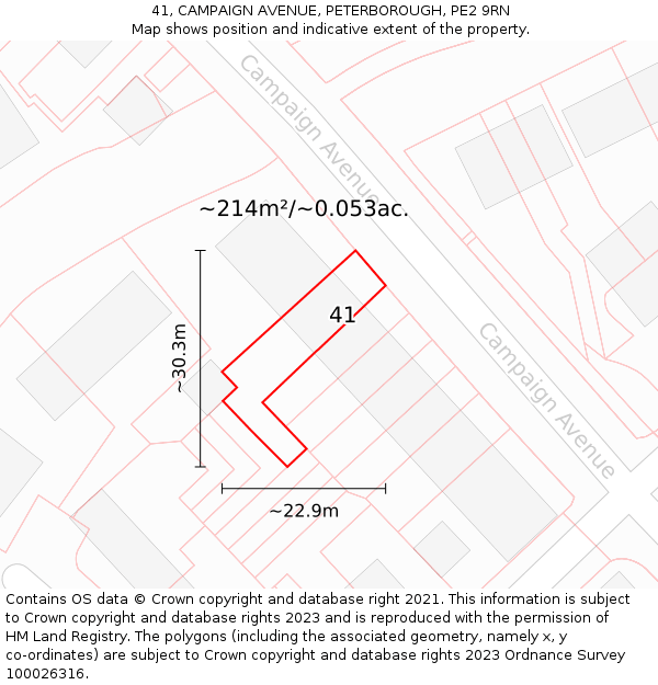 41, CAMPAIGN AVENUE, PETERBOROUGH, PE2 9RN: Plot and title map