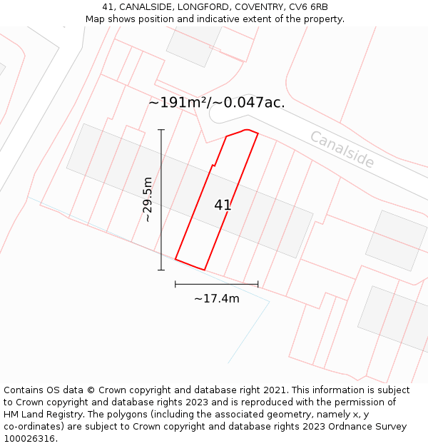 41, CANALSIDE, LONGFORD, COVENTRY, CV6 6RB: Plot and title map