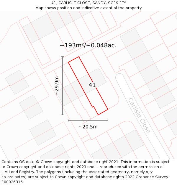 41, CARLISLE CLOSE, SANDY, SG19 1TY: Plot and title map