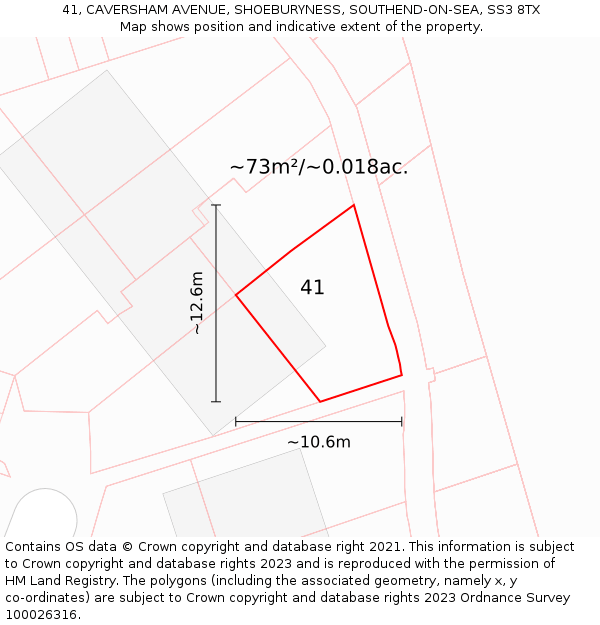 41, CAVERSHAM AVENUE, SHOEBURYNESS, SOUTHEND-ON-SEA, SS3 8TX: Plot and title map