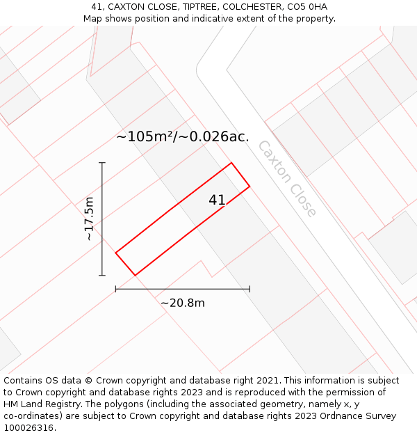 41, CAXTON CLOSE, TIPTREE, COLCHESTER, CO5 0HA: Plot and title map